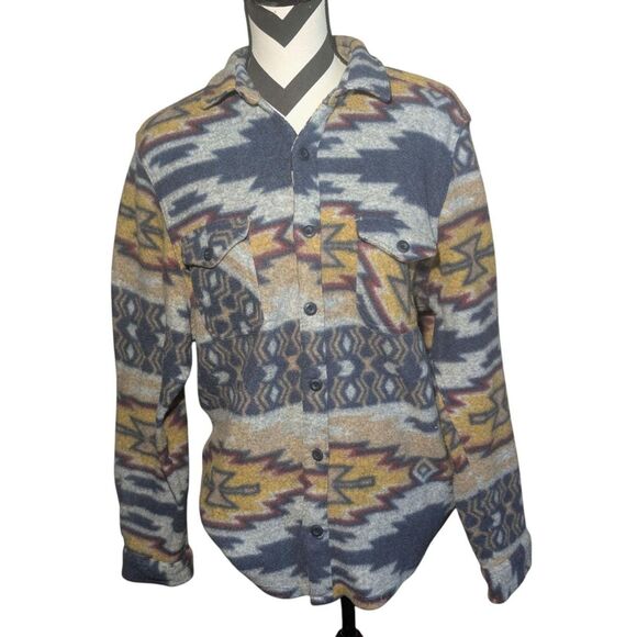 Raw Yarn Mens Aztec Southwest Fleece Button Up Shirt Jacket Large Tribal Print - Picture 1 of 6